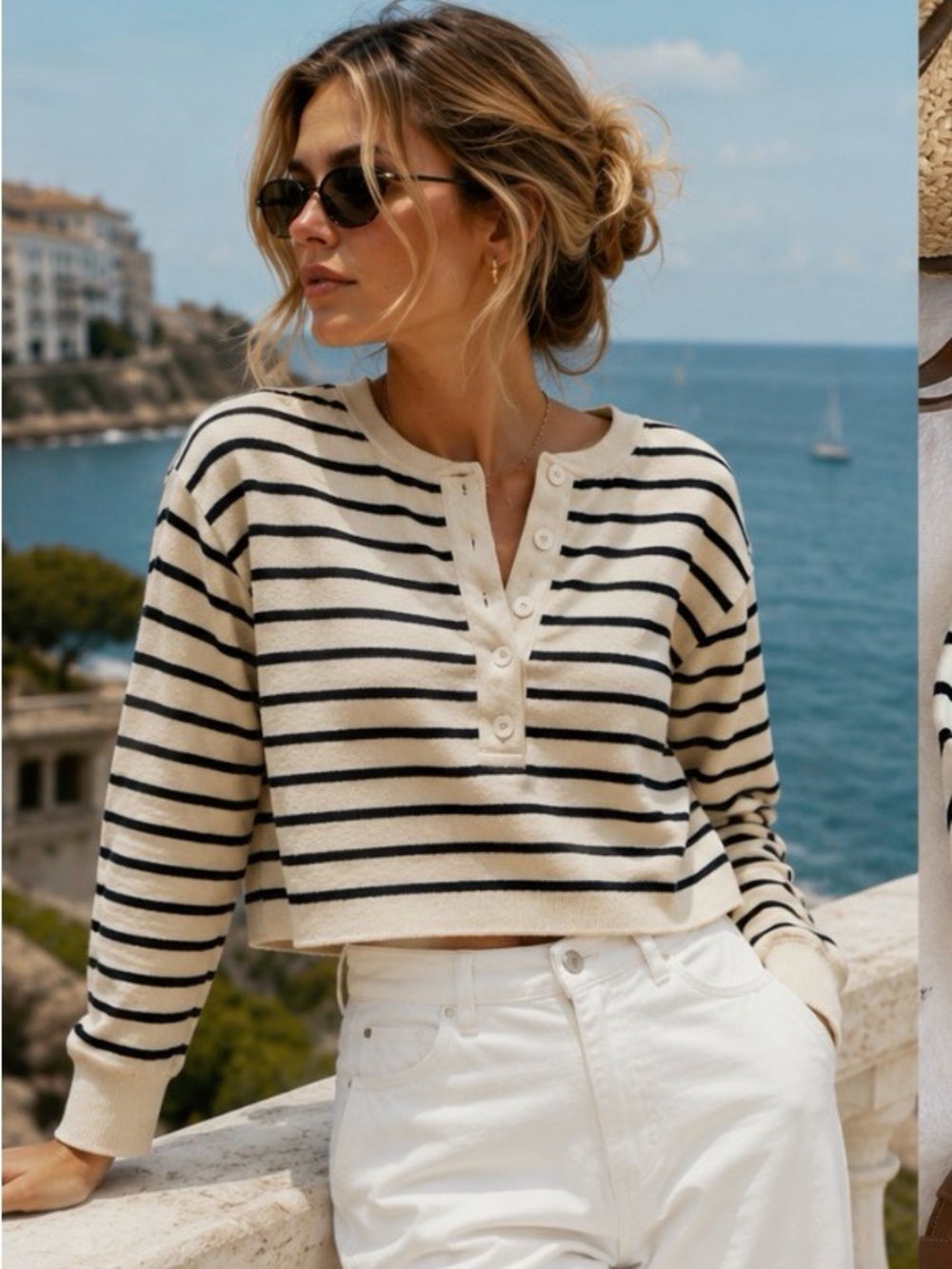 Rails Striped Button Henley boxy Crop Sweatshirt crewneck nautical XS